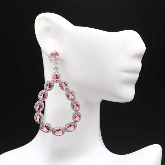 Long Big Heavy 15.7g Pink Tourmaline CZ Ladies Wedding Silver Earrings