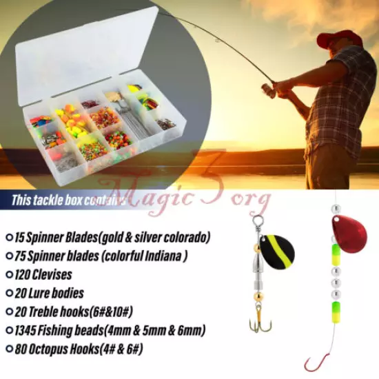 1721pcs Fishing Spinner Blades Lure Making Kit Floats Hooks Walleye Rigs Perch