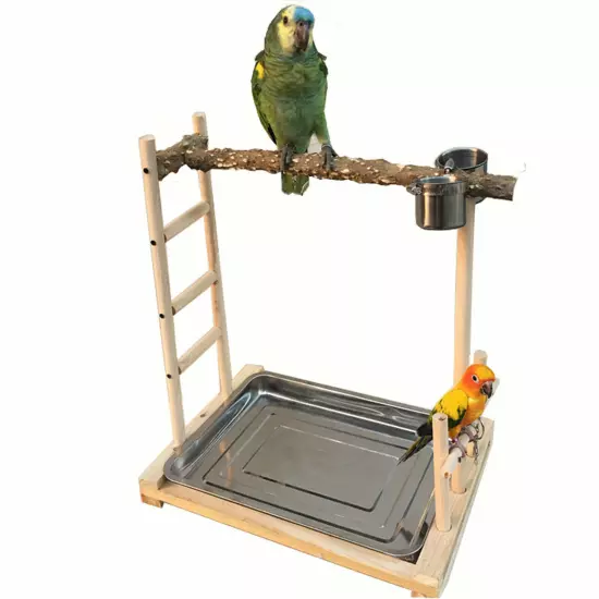 49*37*59cm Wood Bird Tree Stand Large Parrot Perch Playstand w/Steel Tray 2*Bowl