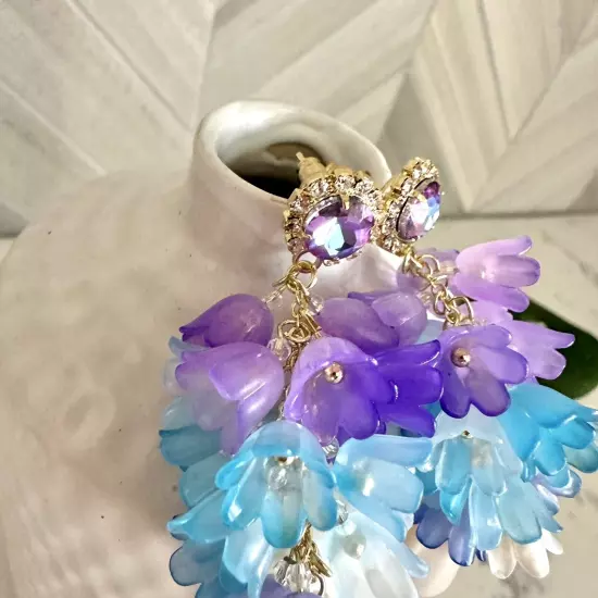 Purple & Blue Lily Flower Drop Earrings Fairycore Acrylic Rhinestone Boho NEW