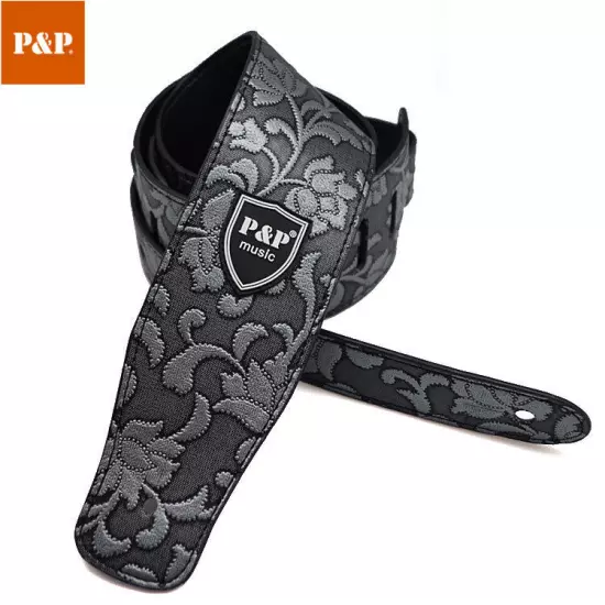 Embossed Leather Adjustable Guitar Strap for Electric Acoustic and Bass Guitar