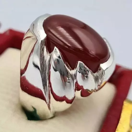 Yemeni Akik Ring - Mens Aqeeq Carnelian Agate Silver Bague