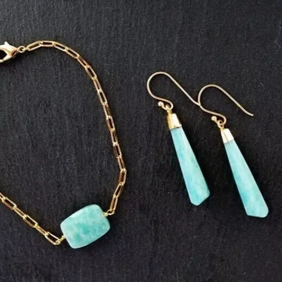 Amazonite Gemstone Geometric Drop Gold Dangle Earrings Gift For Her Turquoise