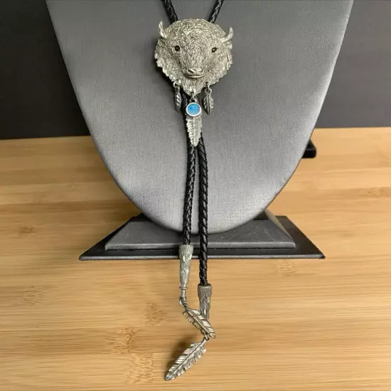 Vintage Native American Buffalo Bolo Tie Pewter Turquoise Unique Feather Aglets