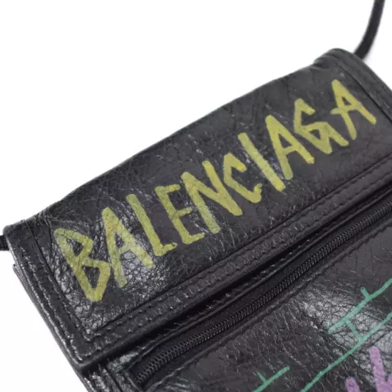 BALENCIAGA #1 Graffiti Explorer Shoulder Bag Logo Leather Black 532298