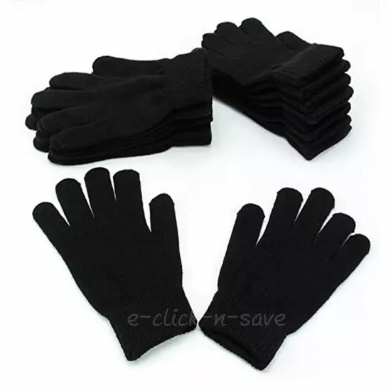 12 Pair Bulk Solid Black Thermal Warm Winter Magic Gloves Knit Elastic Lot