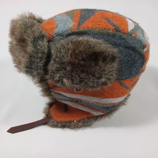 Trapper Hat Orange Brown Winter Cap Ear Flaps Faux Fur Buckle FAST Shipping