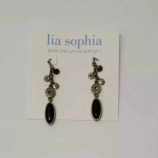 lia sophia Earrings Black & Gold-tone dangle pierced earrings-New on orig, card