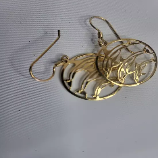 Dolphin Earrings French Hook Gold Tone Open Metal Work Drop Dangle