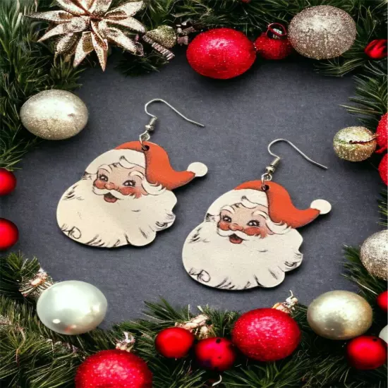 Xmas Christmas Old Time Jolly Holiday Retro Santa Claus Dangle Wood Earrings