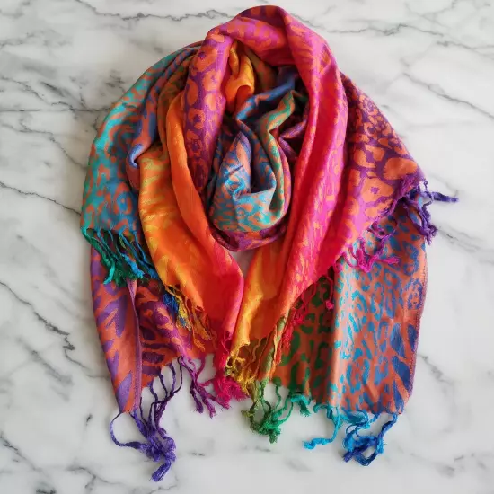 Pashmina Skarf Shawl Wrap Rainbow Animal Print Ombre Tassels 100% Pashmina 27×63