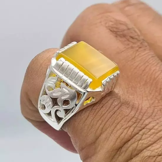 Aqeeq Akik Hakik Bague - Handmade Natural Yellow Yemeni Aqeeq Ring, Stunning Des