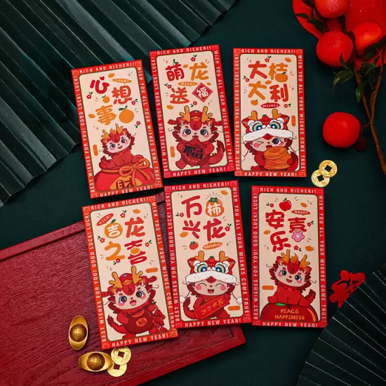 6PCS Chinese New Year Lucky Red Envelope Symbol Of Dragon Year 2024 Red EnveloJO