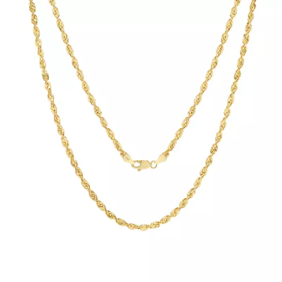 14K Yellow Gold 1mm-4mm Laser Diamond Cut Rope Chain Necklace Men Women 16"- 30"