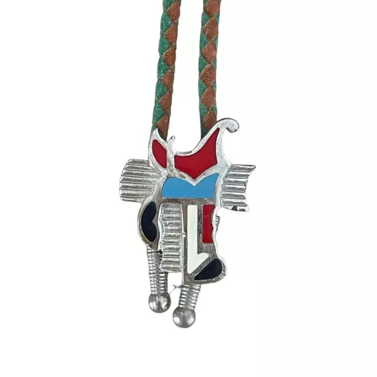 Silver Toned Saddle Bolo Tie with Red, Blue and Black Enamel Inlay