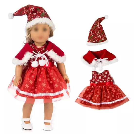 Red Merry Christmas Dress for 18" American Doll Outfits Clothes Hat Cloak 1/4