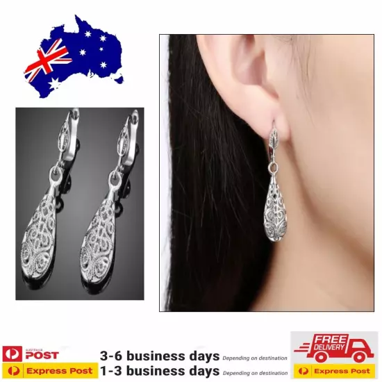 18K White Gold Filled Elegant Women Filigree Drop Earrings VINTAGE Look 