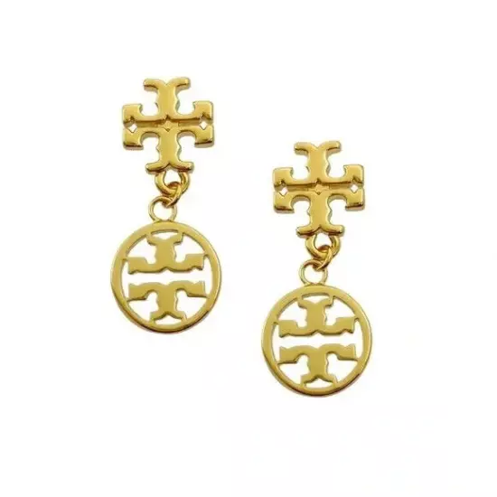 Tory Burch Gold Logo Disc small Drop Earrings