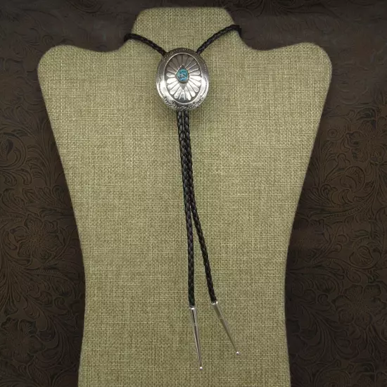 Southwestern Sterling Silver Oxidized And Stamped Turquoise Bolo Tie