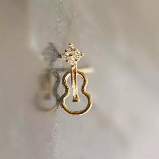 Handmade Dainty Gold CZ Violin/Music Note Stud Earring CZ 925 Silver Jewel