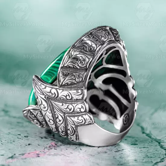 925 Sterling Silver Malachite Stone Engraved Design Handmade Huge Men's Ring