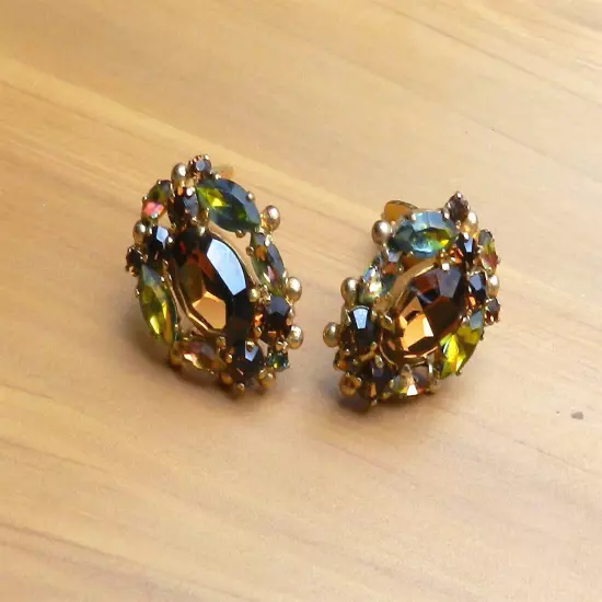 Vintage Juliana? Rootbeer Gray Rhinestones Prong Set Earrings Clips