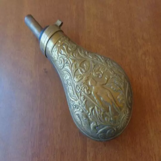 VTG RARE ORNATE BRASS HUNTING GUN SHOOTING POWDER FLASK BOTTLE SCENE NUDE MAN