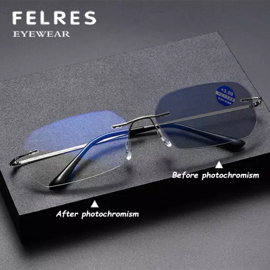 Titanium Alloy Rimless Photochromic Reading Glasses For Men Sunshade Sunglasses