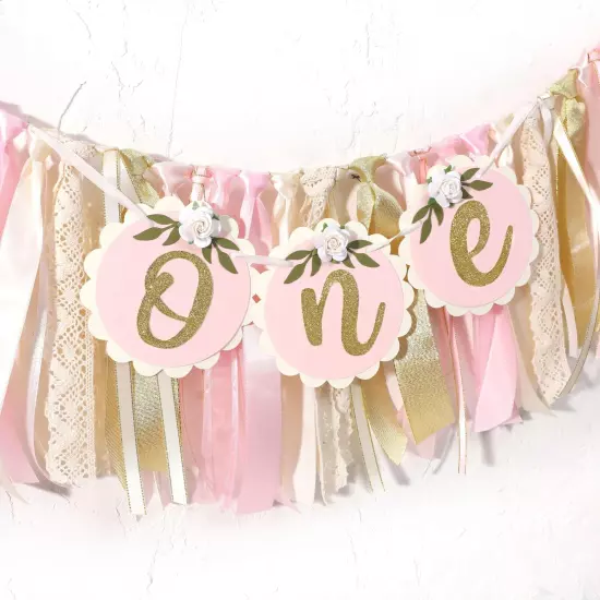 Pink Golden Floral High Chair Banner - Rose 1st Birthday Highchair Banner Gir...