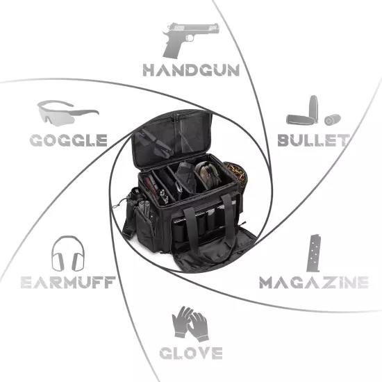 Tactical Range Bag, Pistol Shooting Range Luggage Bag for 4 Handguns, 6X Magazin