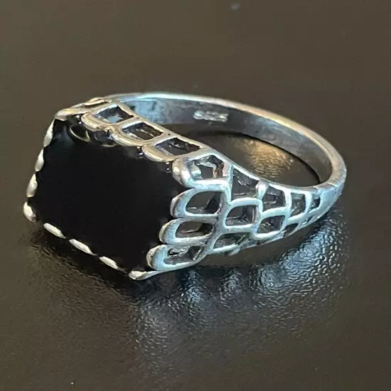 Trendy Black Obsidian Stone S925 Silver Plated Women Men Statement Ring Size 9.5