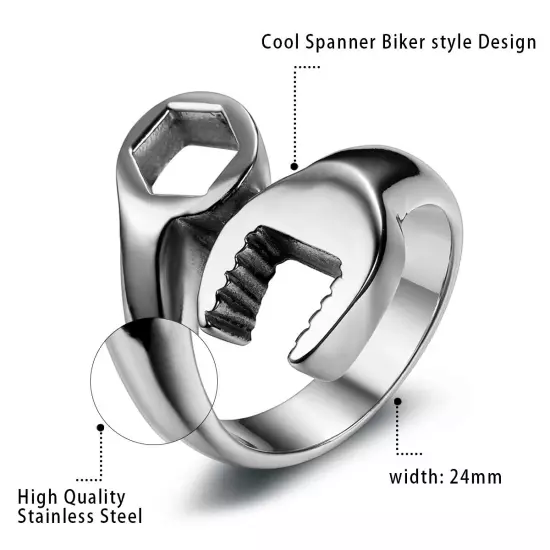 Mens Biker Motorcycle Mechanic Wrench Tool Ring Band High Polish Stainless Steel