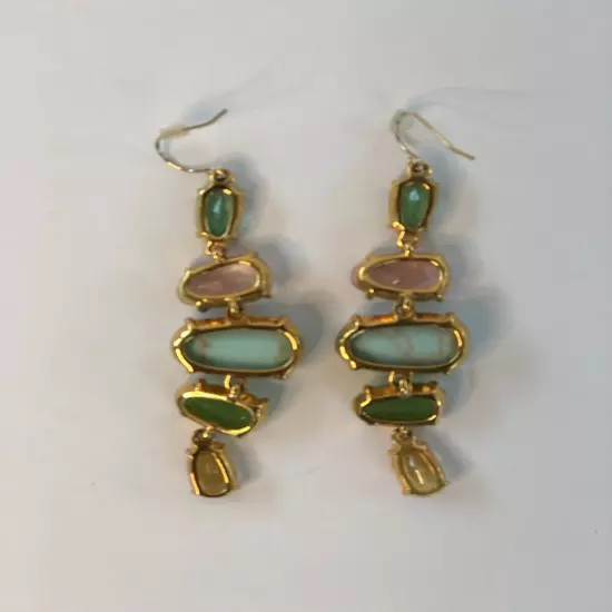 Faux Turquoise and Gem Stone Drop Dangle Gold Tone Earrings Pink Green Amber