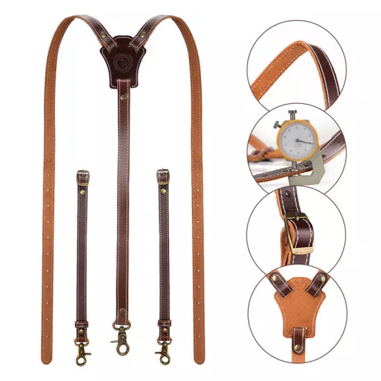 Tourbon Leather Suspenders for Men Y Back Harness Pants Braces 3 Hook Heavy Duty