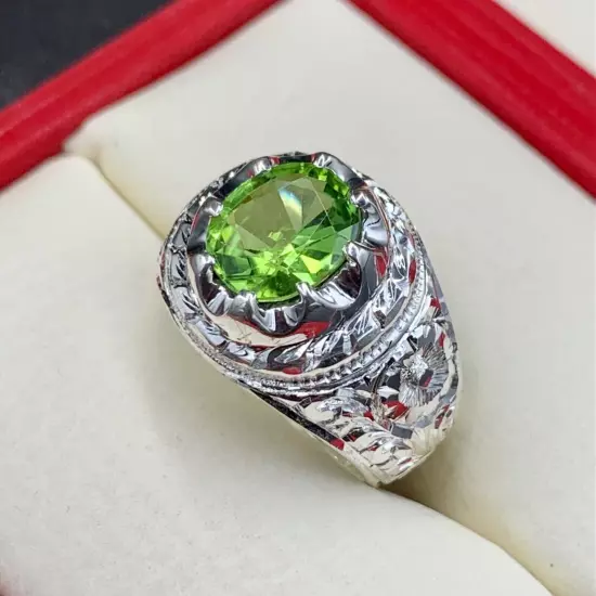 Natural Mens Peridot Ring, Handmade Peridot Ring For Men 925 Sterling Silver