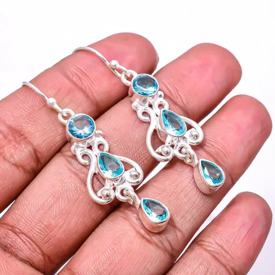 Blue Topaz Multi Collet Gemstone 925 Sterling Silver Earring 1.95" E799535211