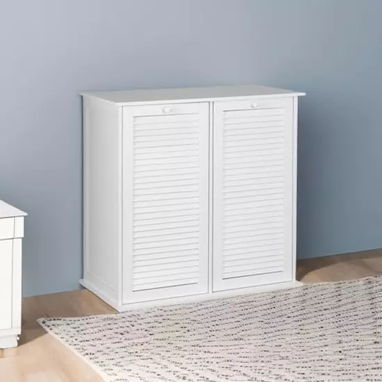 Tilt-Out Laundry Sorter Cabinet with Shutter Front, White, White Wood Shutter