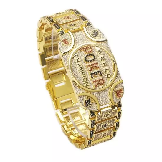 Wold Poker Champion Bracelet Brass Iced 8.5" Simulated Diamond Gold Plated Bling