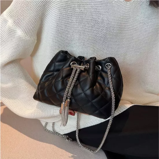 Black Mini Quilted Metal Tassel Decor Chain Bucket Bag