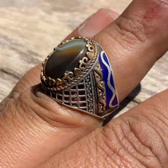 New sultani 925 Sterling Silver men ring natural yemeni sultani agate aqeeq جزع