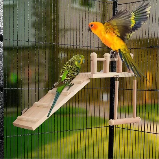 Bird Perches Platform Swing with Climbing Ladder, Parakeet Cage burlywood 