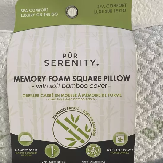 Pur Serenity Memory Foam Square Pillow w/ Soft Bamboo Cover Hypo-Allergenic NEW!