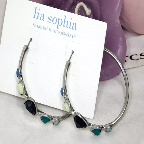 Beautiful Lia Sophia "RIVERWALK" Hoop Earrings, Silver, aqua, teal, navy , NWT