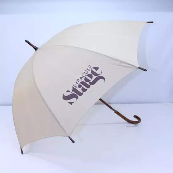 VTG Rain Sun Umbrella Parasol Syracuse Stage Nylon Brown Tan Wood Handle Art