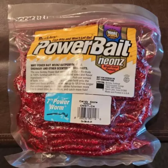 100 Count Berkley Soft Fishing PowerBait 7" Power Worm Candy Apple