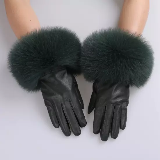 Women Genuine Lambskin Leather Gloves With Real Fox Fur Trim Cuff Winter Warm