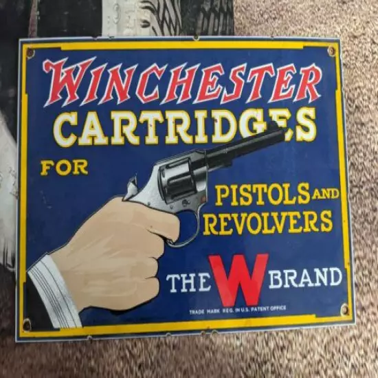 VINTAGE OLD WINCHESTER CARTRIDGES PORCELAIN ENAMEL GUN SIGN HUNTING W BRAND