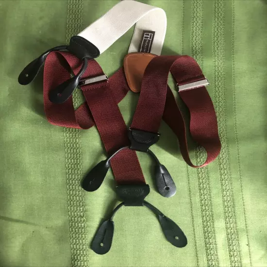 TRAFALGAR SUSPENDERS GRAY MAROON RED WOVEN PATTERN LEATHER BUTTON-ON