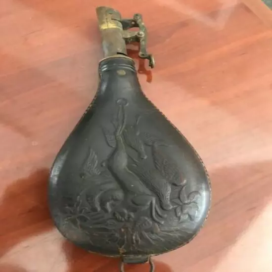 Antique Black Powder Flask – Brass & Leather – AM.Flask and Cap Co. Circa 1860