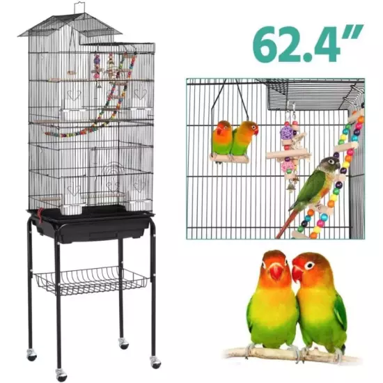 62" Large Bird Cage | Play Top Parrot Finch Cage Pet Supply Easy Assemble w/Toys